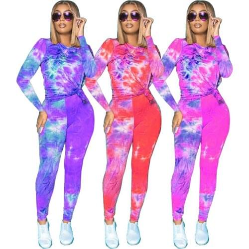Casual Tie Dye 2 Piece Sets Womens Outfits O Neck Long Sleeve Top and Pants Fashion Printed Spring Summer Clothes Lounge Wear