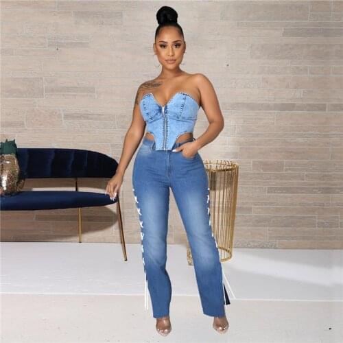 "Straight High Waisted Denim Trousers Drawstring Wash Ripped Skinny Lace Up Denim Bandage Streetwear Pants Oversized Sexy Jeans