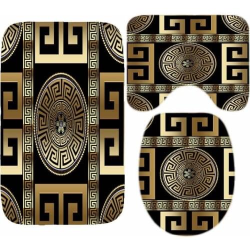 Luxury Black Gold Greek Key Meander Border Bath Rug Set Modern Geometric Ornate Bathroom Door Mat for Toilet Floor Carpet Decor