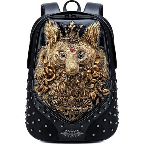3D Embossed Fox Backpack bags for Men rivet unique women Bag personality Rock Laptop Cool Schoolbag For Teenagers Travel Bags