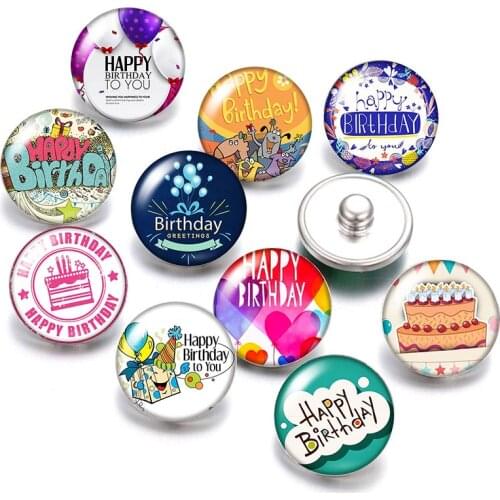 Happy birthday cake 18mm snap buttons 10pcs mixed round photo glass cabochon style for snap button jewelry