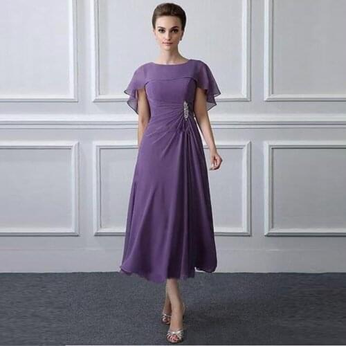 2021 Latest Affordable Purple Tea Length Chiffon Mother of the Bride Dresses Jewel Neckline Wedding of Groom Gowns Beaded