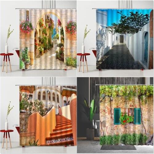 European Style Flower Street View Shower Curtains Green Vine Shabby Brick Stone Wall Plant Pattern Polyester Home Bathroom Decor