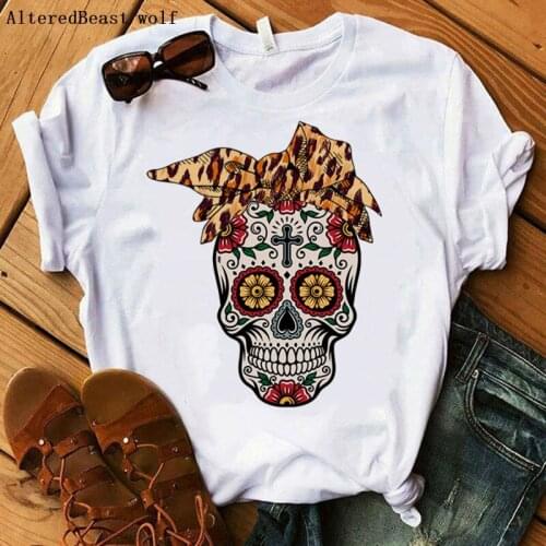 Mama Leopard Bandana Sugar Skull Print T-shirt Women mama Short Sleeve Casual Graphic Tops Female T Shirt mom Funny Summer shirt