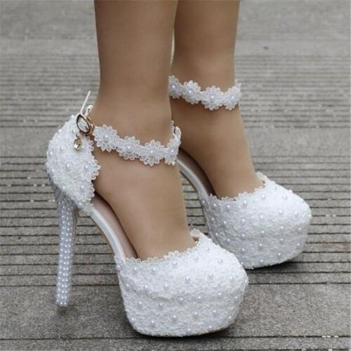 14cm white lace wedding shoes Womens round head platform shoes large size 40 41 high heels shoes bridal shoes flower beads pump