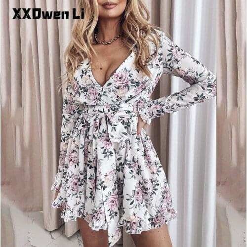 Woman Autumn Fashion Floral Print Long Sleeve Mini Dresses Ladies Ruffle Spring Elegant Lace up Dress for Women Party Clothing
