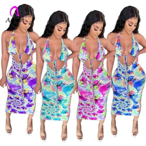 Tie Dye Print Women Midi Dress Lace Up Halter Ribbed Sexy Deep V Neck Backless Bodycon Club Party Vestidos Casual Beach Outfits
