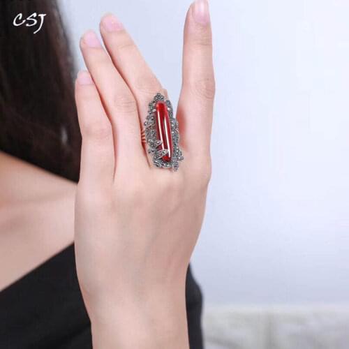 CSJ adjustable Ring Sterling 925 Thai Silver high quality Black agate or Created Red Ring Fine Jewelry Women Party Wedding Gift