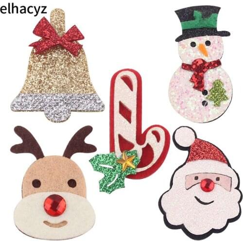 14pcs/lot Christmas Pads Glitter Leather Felt Snowman Reindeer Tree Jingling Bell Stocking Party Christmas DIY Hair Accessories