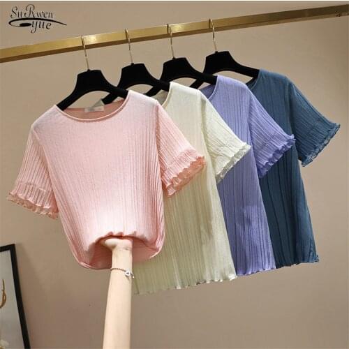 2021 Summer New Big MM Cool Feeling Short Sleeve Wood Ear Trim Slim Round Collar Shirt Plus Size 4XL Womens Blouse Blusas 14676