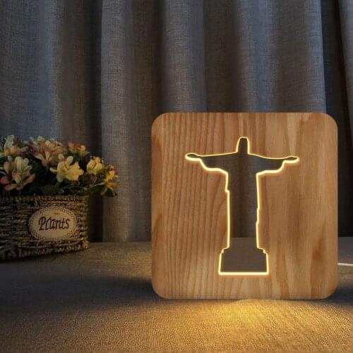3D LED Lamp Night Light USB Desk Table Lamps Statue of Christ Cristo Redentor for Gift Wooden Cross Room Decoration Lights
