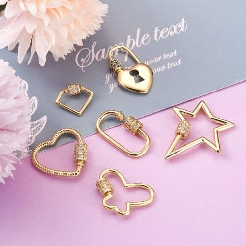 6Pcs/box Gold Color Necklace Charms Micro Pave CZ Zircon Screw Spiral Carabiner Star Lock Pendants For Jewelry Necklace Making