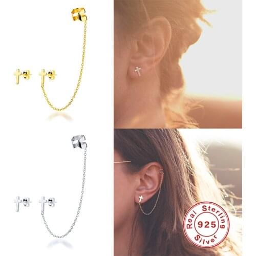 BOAKO 925 Sterling Silver Asymmetrical Cross Stud Ear Cuff For Women Girl Cool Punk Style Chain Tassel Clip Earrings Jewel Gift