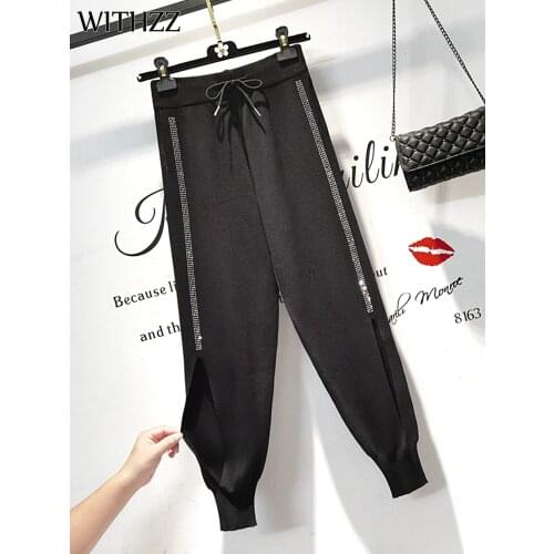 WITHZZ Women Spring Autumn Fashion Knitting High Waist Sequined Trousers Loose Sports Casual Harem Pants