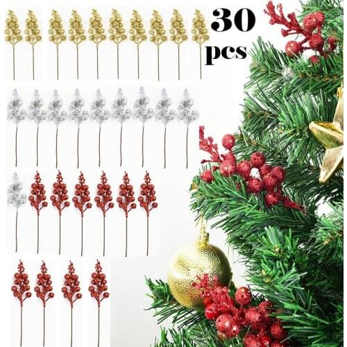 30pcs Flash Flowers Decoration Berry Stem Ornament for Christmas Tree DIY Wreath Crafts Gift Fireplace Holiday Home Decoration