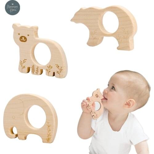 2021 New Baby Wooden Teethers Food Grade Animal Elephant Bear Pacifier Wooden Teether Newborn Care Product Bath Toy Gift