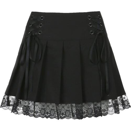 Women Punk Style Skirt Low Waist Lace-up Zipper Miniskirt Lace Trim Pleated Skirt Party Clubwear for Student Girls Dancewear