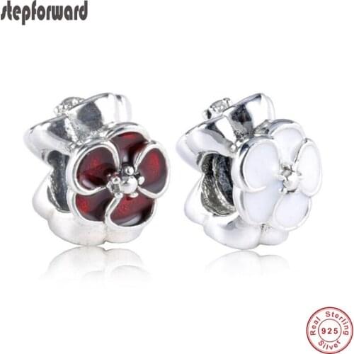 Hot Sale Beads for Jewelry Making Red And White Enamel 925 Sterling Silver Flower Spacer Charm Fit Bracelet Good Quality Charms