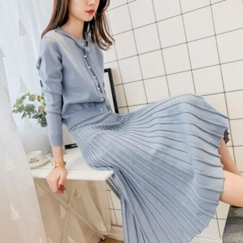 JSXDHK 2021 New Fashion Autumn Winter 2 Piece Set Elegant Women Pearl Button Knitted Bow Sweater Tops And Midi Pleated Skirt Set
