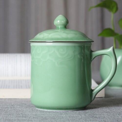 Coffee Mugs Teacups 13.5oz Cup with Lid Porcelain Drinkware Embossed with Auspicious Clouds Microwave and Dishwasher Safe