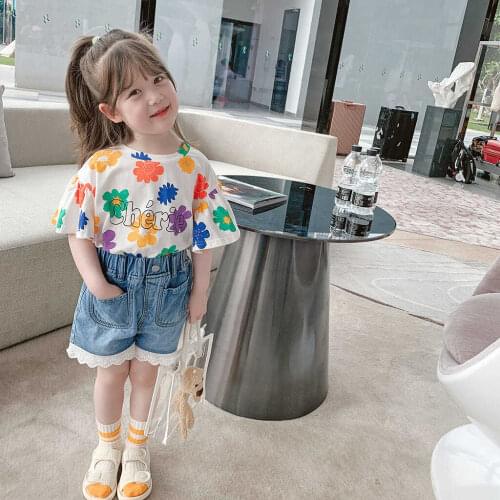 Lovely Toddler Girls Clothes Sets Summer Colorful Floral Printing T-shirt Tops Girls Lace Shorts Pants Children Clothing Oufits