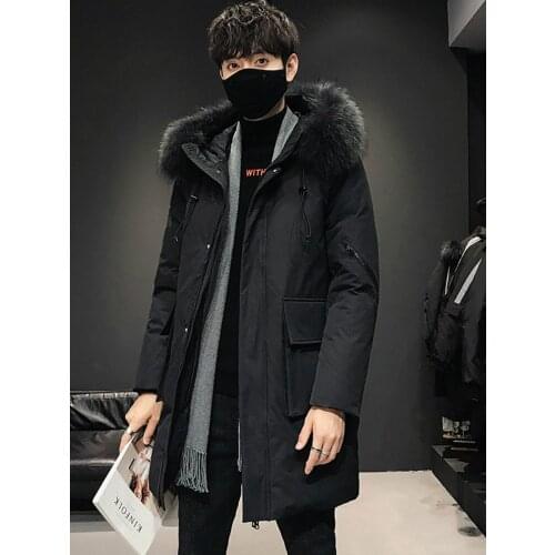 Mens Down Jacket Winter New Trendy Handsome White Duck Down Long Thickened Male Big Fur Collar Coat