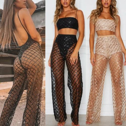 New 2020 Women Lace Crochet Beach Wide Leg Pants Lace See Through Swimwear Beach Trousers