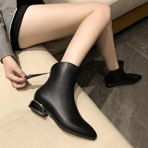 New Autumn Winter Female Pointed Back Zipper Ankle Boot Womens Platform Heels Square Heel Plus Velvet Martin Boots