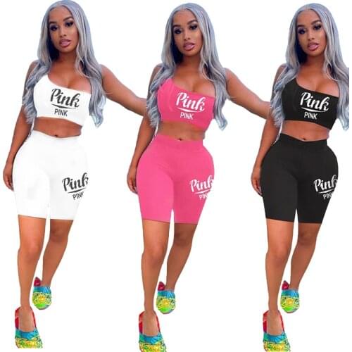 Solid Color Pink Letter Print One Shoulder Sexy Crop Top Vest & Knee-Length Shorts Two Piece Sets Women Outfits Jogging Suits