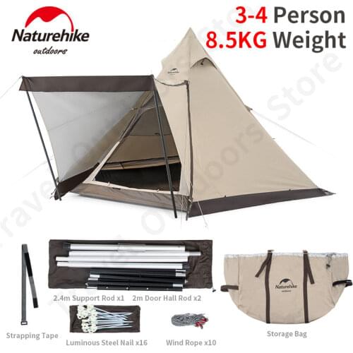 Naturehike Outdoor 15D Pyramid Tent 3-4persons Large Space Portable 8.5Kg Hiking Camping 1.7m Big Hall Double Door Family Tent