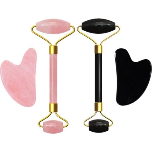 Rose Quartz Face Roller massager Gouache Scraper Gua sha Massage Tool Set Natural Gouache Stone Facial Body Massage Jade Roller