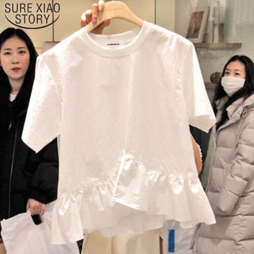Korean Style Women Ruffle Shirt New Cotton Women Tshirt Casual Short O-Neck Tshirt Summer Fashion Stitching Shirt 4845 50