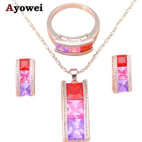 Rectangle shape Color crystal & AAA zirconia Silver filled Earring Necklace Fashion Jewelry Set Ring Sz #7 #8 for womenJS402A