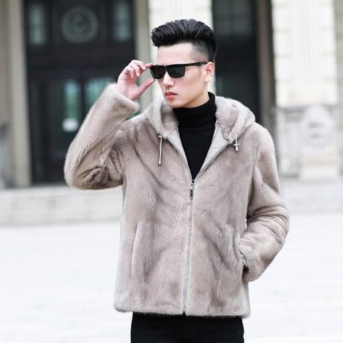 Real Fur Coat Men Winter Natural Mink Fur Coats Hooded Mens Mink Jackets Slim Fashion Luxury Jacket Overcoat 95001