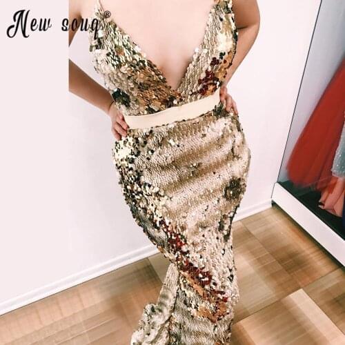 Sparkling Champagne Mermaid Sequins Floor Length Deep V-neck Backless Sleeveless Evening Dress коктейльные платья 2021