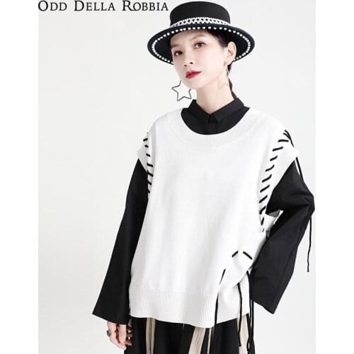 OddDellaRobbia Spring Drawstring Color Matching Sleeveless Waistcoat O-Neck Top-Stitched Streamer Knitted Pullover Vest Top 1998
