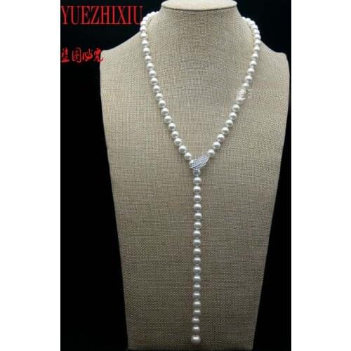 Sweater chain long 8mm sea shell pearls necklace 32INCH -cz micro womens versatile simple Leaf decoration
