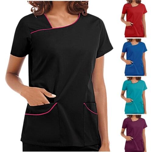 2021 Medical Uniforms Nurse Working Tops For Women Plus Size Solid Short Sleeve V-Neck Pocket Summer T-Shirt Clothes Mujer