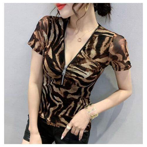 2021 summer fashion new leopard print V-neck short-sleeved T-shirt womens thin temperament zipper half-sleeved top