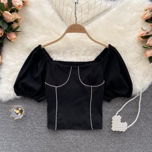 2021 summer short top womens new temperament square neck slim fit all-match pullover puff sleeve t-shirt