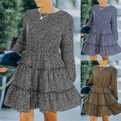 Spring Autumn Women Mini Dress Long Sleeve Round Neck Ladies Ruffle Loose Dress Fashion Casual Dress Sundress