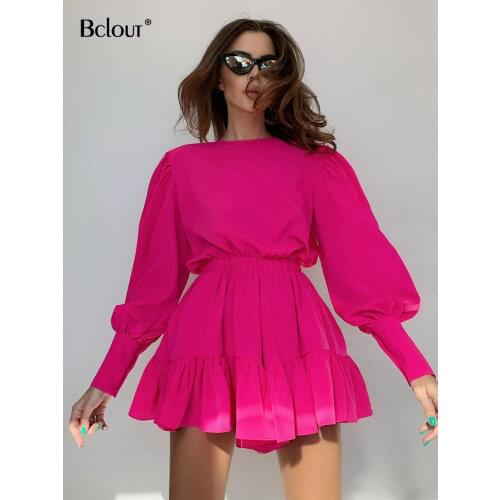 Bclout Lantern Sleeve High Waist A-Line Pleated WomenS Dress Casual O Neck Pink Mini Dresses Autumn Sexy Long Sleeve Robe 2021