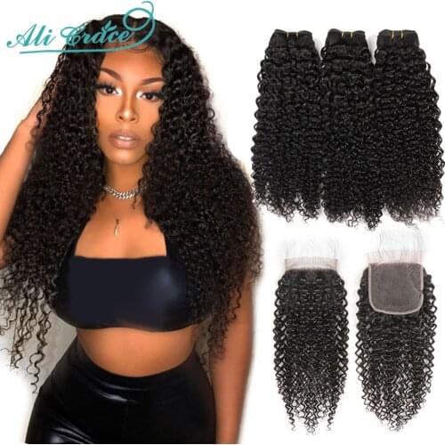 Ali Grace Brazilian Kinky Curly Hair Bundles With 5x5 Lace Closure 100% Remy Human Hair Bundles With Closure Curly Weaves Hair