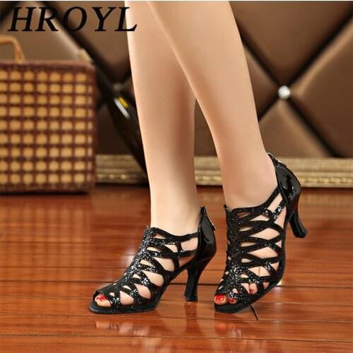 HROYL Women Party Dance Shoes Satin Shining rhinestones Soft Bottom Latin Dance Shoes Woman Salsa Dance Shoes heel 5CM-10CM