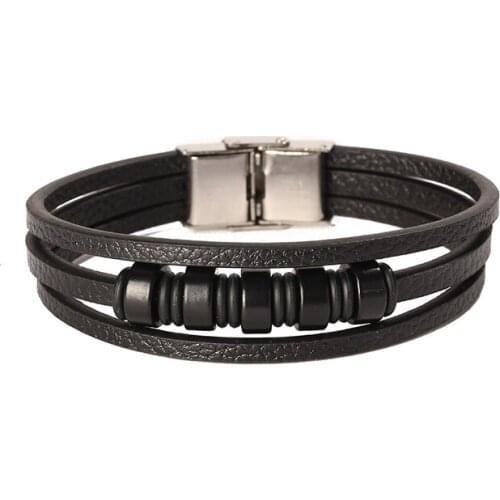 JUNWEI Fashion Mens Multi-Layer Woven Leather Bracelet Magnetic Buckle Bracelet