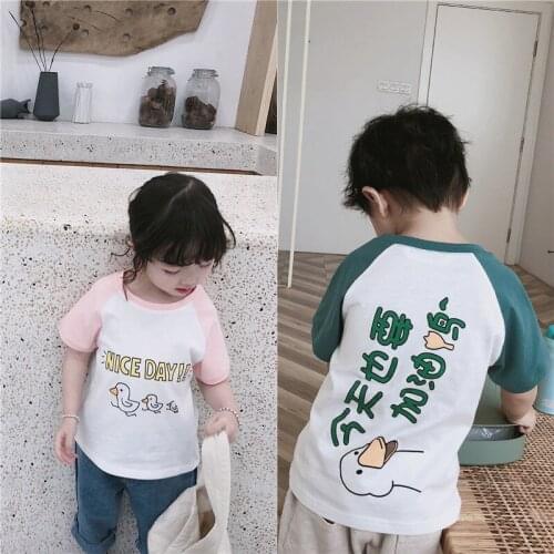 Tonytaobaby Summer New Boys and Girls Duck Printed Cotton Color Contrast Short Sleeve T-shirt