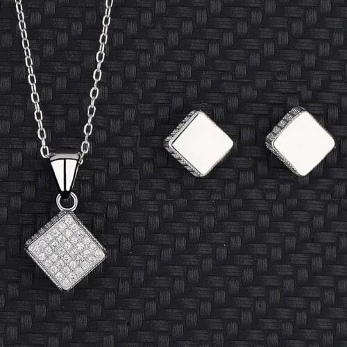 European And American Fashion Square S925 Sterling Silver Necklace Womens Short Two-piece Set Of Earrings Jewelry