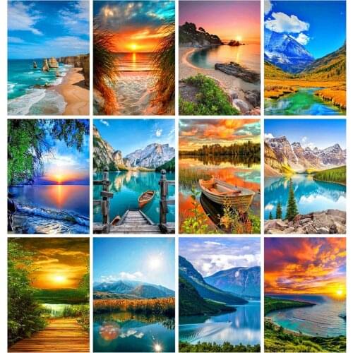 Full Square Diamond Painting 5d Sunset Seaside DIY Diamond Embroidery Mosaic Landscape Handmade Gift