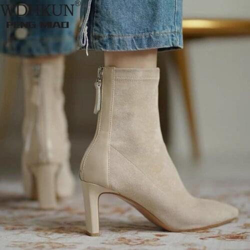 High Heel Boots Womens 2021 New Korean Style Autumn and Winter Mid Heel Stretch Thin Boots Pointed Toe Sock Boots Women