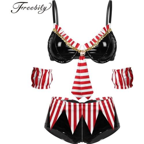 Womens Sexy Costumes Wet Look Patent Leather Sailor Role play Lingerie Set Ruffle Trim Underwired Bra Top with Zippered Panties